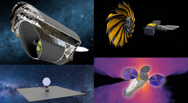 A NASA apoiou quatro estudos conceituais de missões para esta década. O relatório recomendou o desenvolvimento de um grande telescópio espacial que misture o do canto superior direito com o do canto inferior esquerdo (Imagem: Reprodução/NASA)