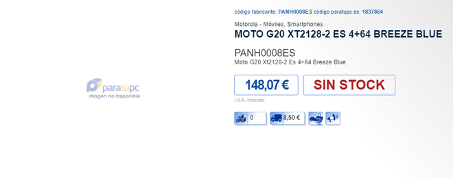 Página do Motorola Moto G20 em varejista espanhola (Imagem: Reprodução/ParatuPc.es)