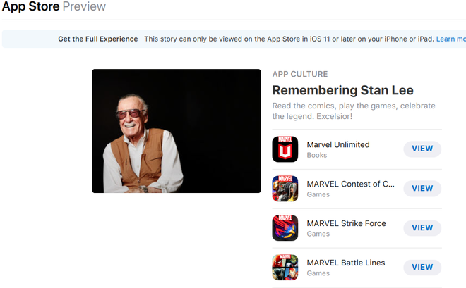 Stan Lee é homenageado pela Apple em texto e seleção da App Store