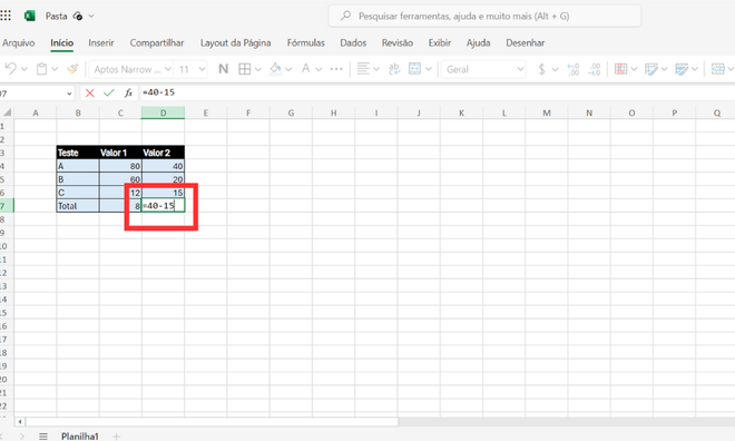 Faça uma subtração rápida no Excel (Imagem: Captura de tela/André Magalhães/Canaltech)