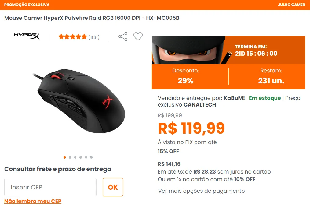 Mouse Gamer HyperX Pulsefire Raid RGB 16000 DPI HXMC005B [PREÇO