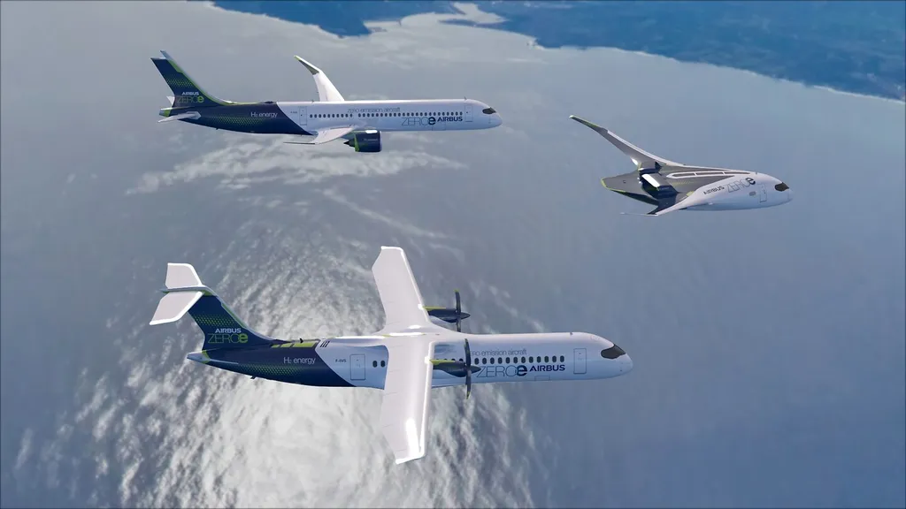 A Airbus promete diferentes tipos de avião utilizando hidrogênio como combustível (Imagem: Divulgação/Airbus)