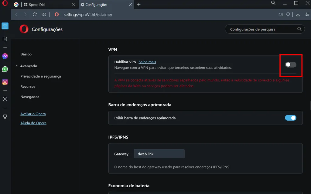 Habilite a VPN no Opera (Captura de tela: André Magalhães)