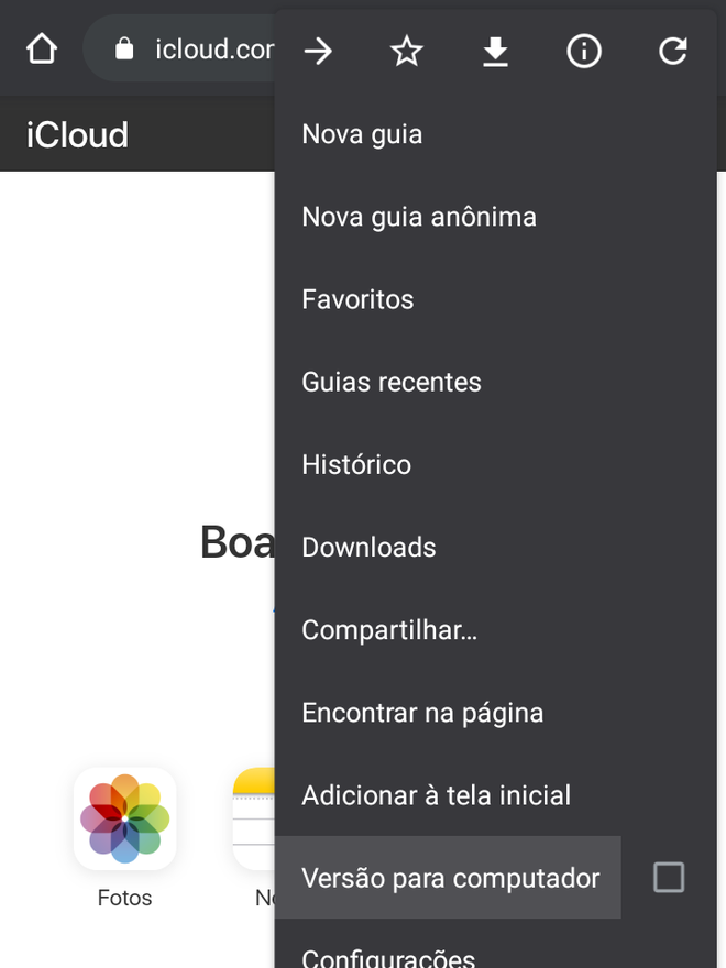 Use a "Versão para computador" para ver mais opções do iCloud / Captura de tela: Bruno Salutes (Canaltech)