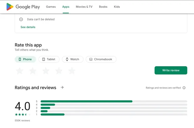 Pela versão web da Play Store, usuários podem escrever avaliações de apps para diferentes dispositivos (Imagem: Reprodução/9to5Google)
