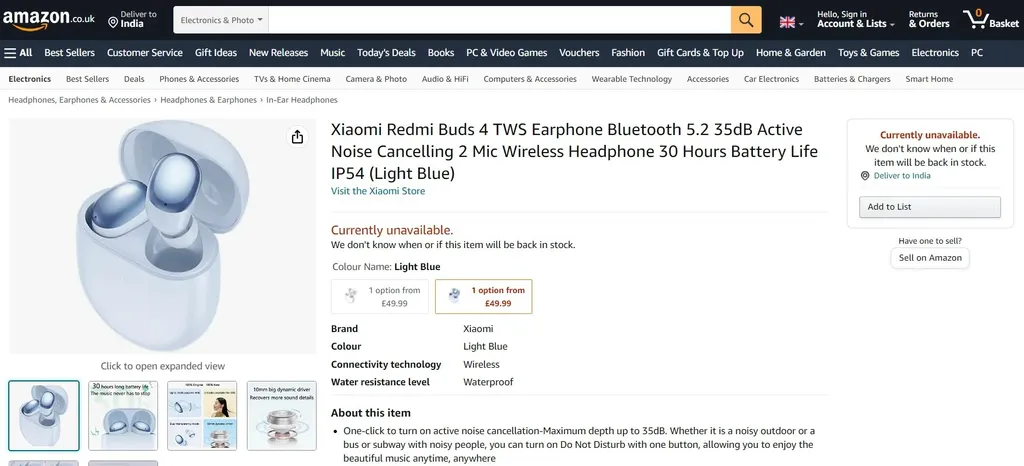 Redmi Buds 4 tem ANC para abafar sons de até 35 dB (Imagem: Captura de tela/Amazon)