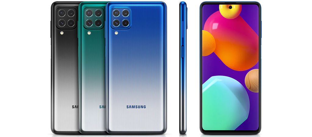 Com visual que lembra modelos como o A22, o Galaxy M62 se destaca pelo chip Exynos 9825 e a bateria de 7.000 mAh (Imagem: Divulgação/Samsung)