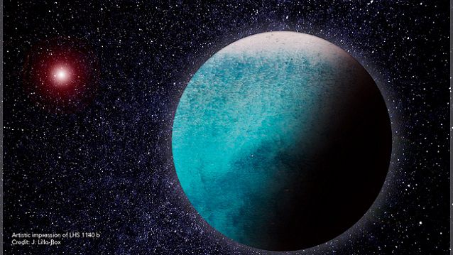 Representação artística do planeta LHS 1140b e sua estrela (Imagem:Reprodução/J. Lillo-Box)