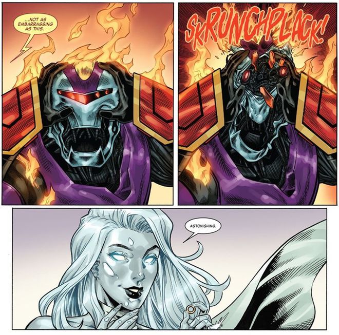 Rainha Branca fica maravilhada com a força da nova armadura do Homem de Ferro (Imagem: Reprodução/Marvel Comics)