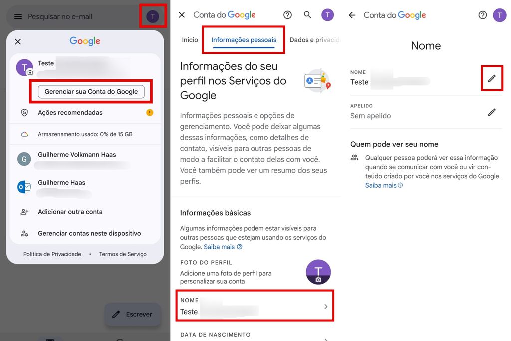 Alterar o nome da sua conta Google também tem efeito sobre o Gmail (Imagem: Captura de Tela/Guilherme Haas/Canaltech)