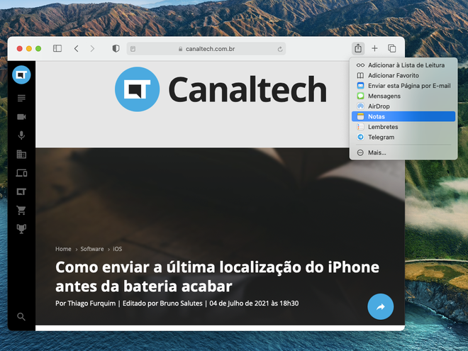 Compartilhe dados de apps do Mac que contam com o botão "Compartilhar" ao Notas - Captura de tela: Thiago Furquim (Canaltech)