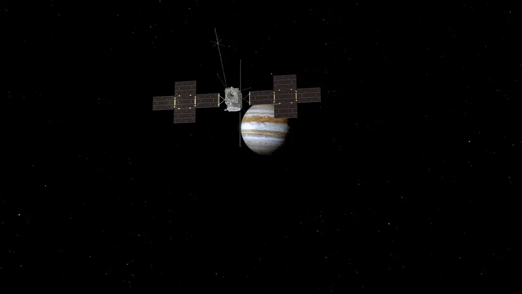 Representação da sonda JUICE, que deve chegar a Júpiter no início da próxima década (Imagem: Reprodução/ESA)