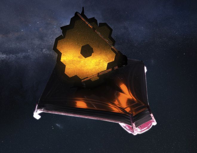 Simulação do telescópio James Webb no espaço (Imagem: Reprodução/Adriana Manrique Gutierrez/NASA)
