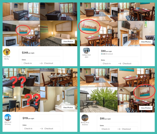 Acomodações semelhantes disponíveis no Airbnb, em fotos feitas de diferentes ângulos (Fonte: Vice)