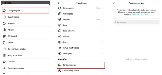 Adicione restrições para interações no Instagram em "Configurações" (Captura de tela: Canaltech/Felipe Freitas)