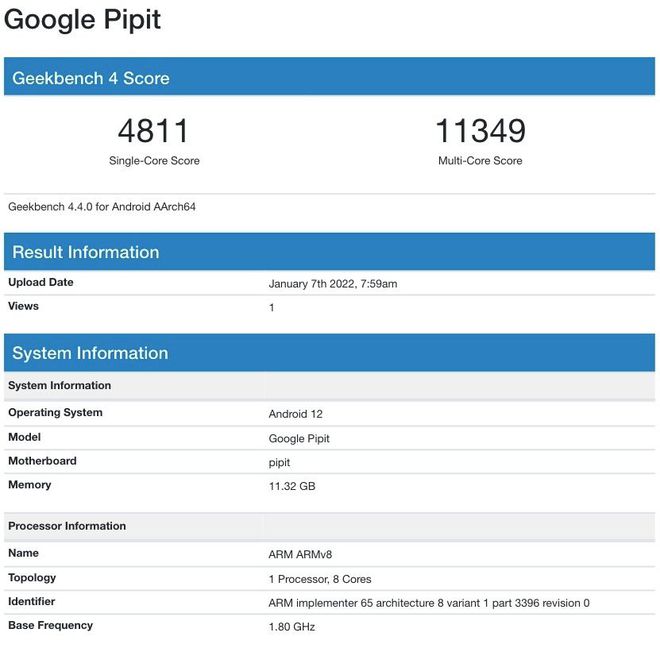 Dispositivo aparece com 12 GB de RAM e chip Tensor (Imagem: Geekbench Browser)