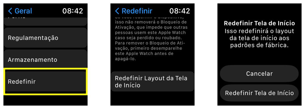 Caso prefira, redefina apenas o layout da tela de início do Apple Watch (Captura de tela: Lucas Wetten)