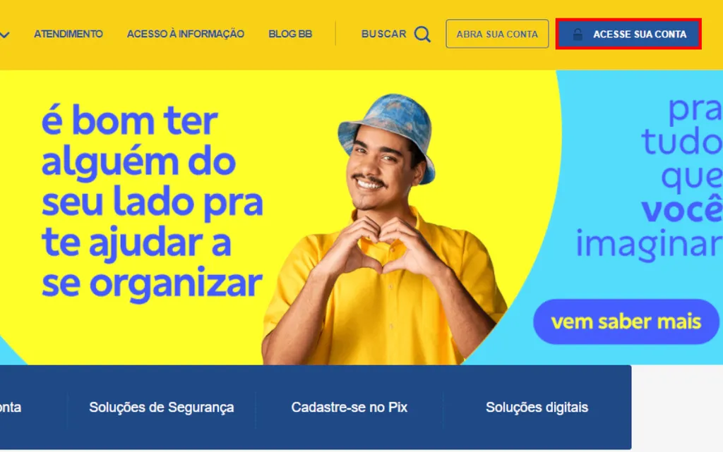 Acesse o site do Banco do Brasil e clique em "Acesse sua conta" no menu superior (Captura de tela: Matheus Bigogno)