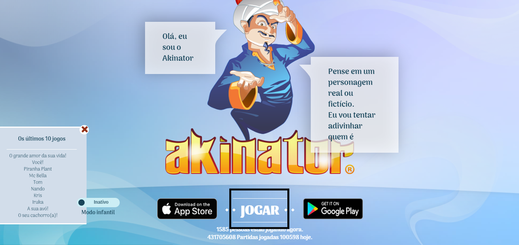 Jogo Akinator online. Jogar gratis