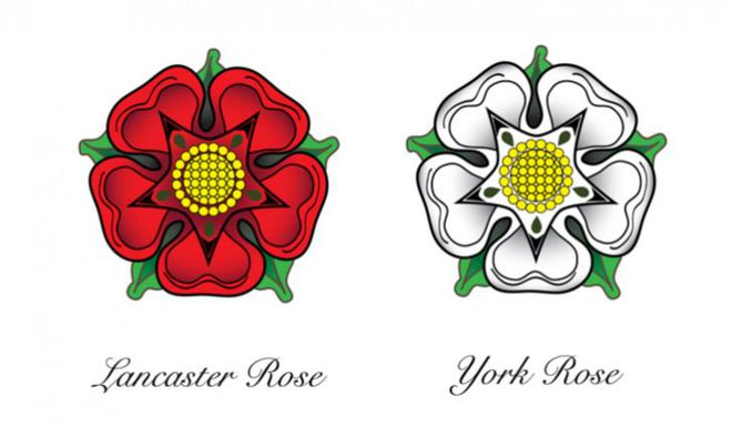 À esquerda, a rosa vermelha símbolo dos Lancasters, e à direita a rosa branca símbolo dos York (Imagem: World Atlas)