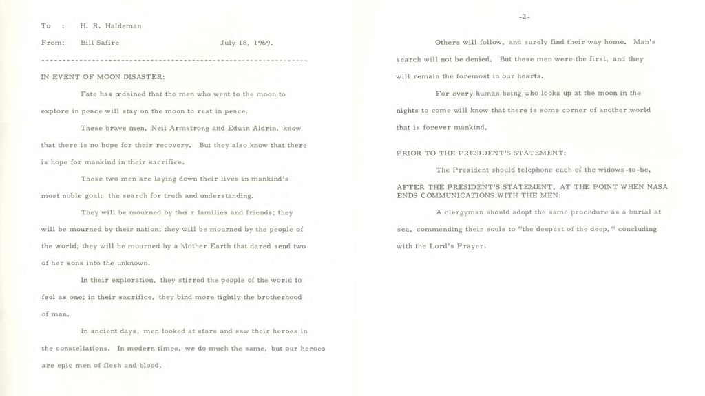 A declaração que Nixon daria caso a Apollo 11 terminasse em tragédia