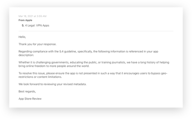 Este teria sido o e-mail da Apple para a Próton (Imagem: Reprodução/ProtonVPN)