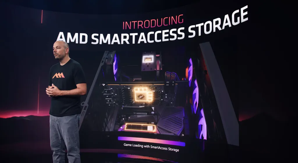 Utilizando a API DirectStorage da Microsoft, o AMD Smart Access Storage promete turbinar os loadings de games ao deixar que a GPU busque dados no armazenamento (Imagem: AMD/YouTube)