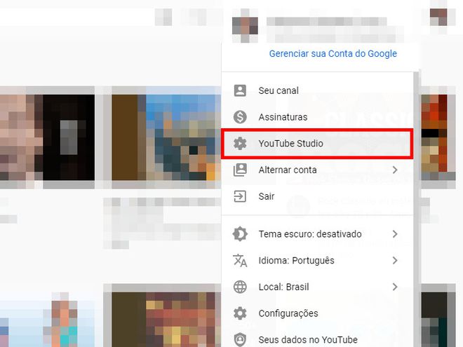 No menu superior direito do YouTube, selecione a opção "YouTube Studio" (Captura de tela: Matheus Bigogno)