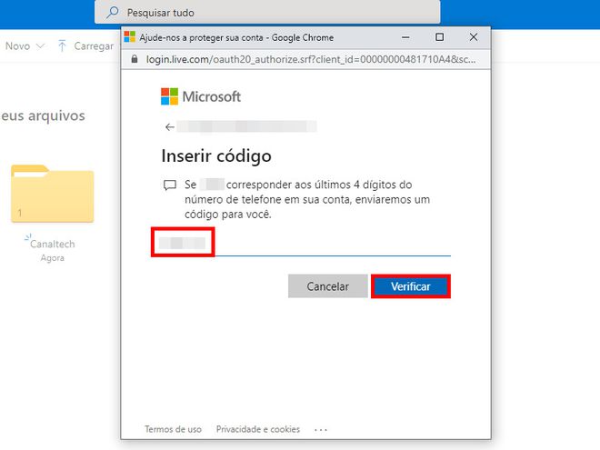 Digite o código recebido por SMS no local indicado e clique em "Verificar" (Captura de tela: Matheus Bigogno)
