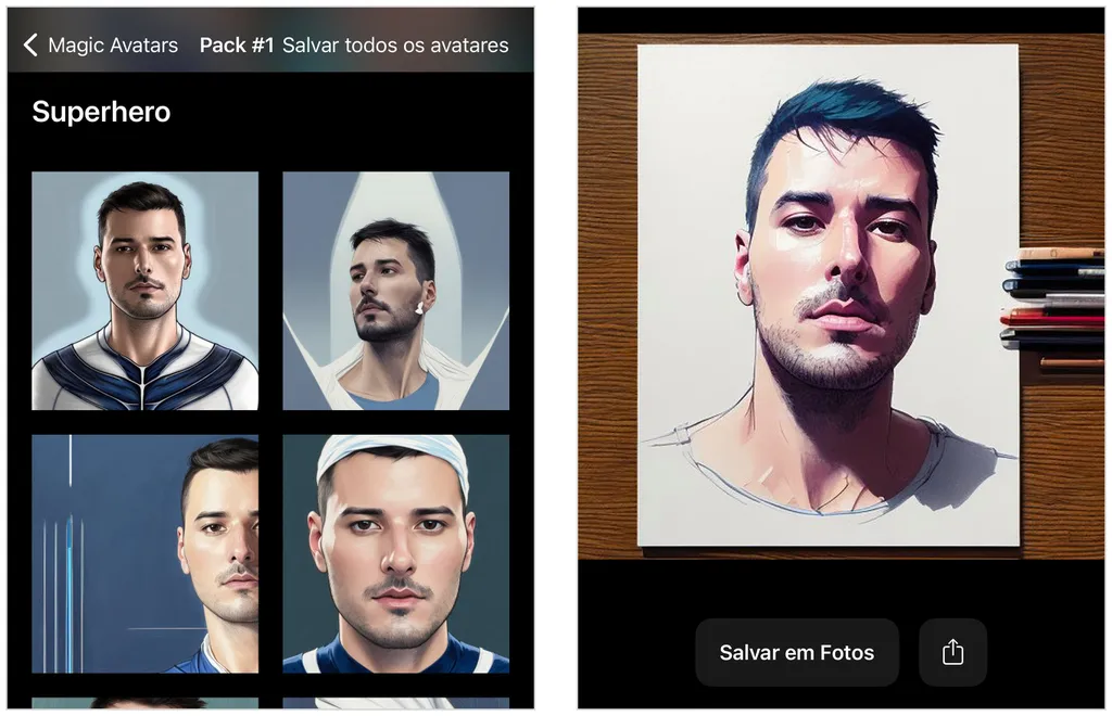 Avatares criados por IA são salvos em categorias e possuem estilos variados (Captura de tela: Caio Carvalho)