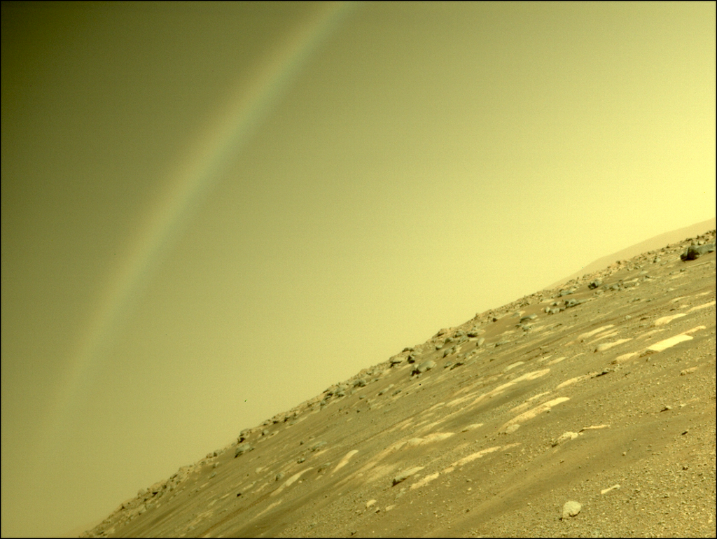 Um suposto arco-íris no céu de Marte, registrado pela câmera traseira do rover Perseverance (Imagem: Reprodução/NASA/JPL-Caltech)
