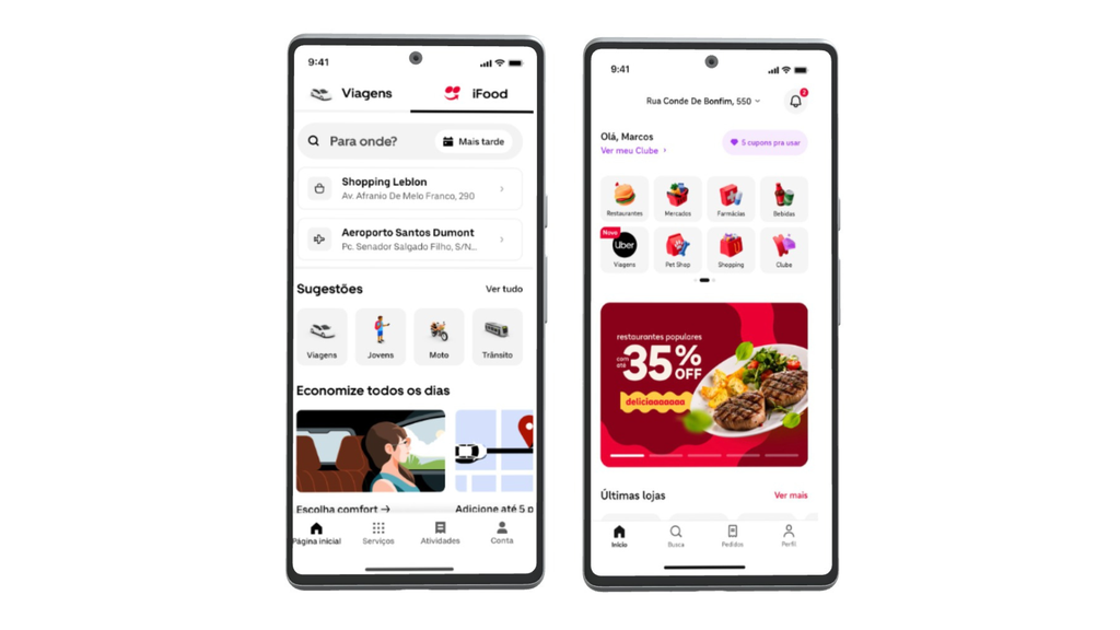 Capturas de tela dos apps de Uber e iFood