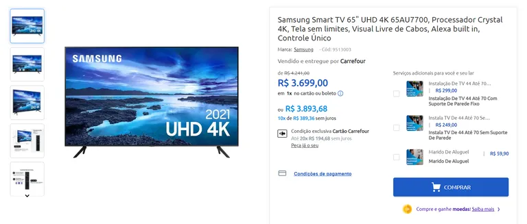 Samsung Smart TV 65" UHD 4K 65AU7700, Processador Crystal 4K, Tela sem ...