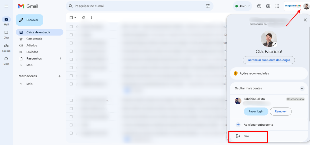 É muito simples sair do Gmail no PC, precisando de apenas alguns poucos cliques (Imagem: Captura de tela/Fabrício Calixto/Canaltech)