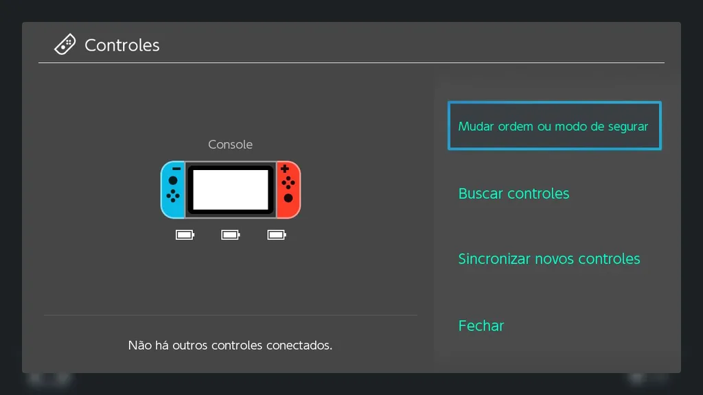 Tela mostra a bateria da unidade do Nintendo Switch e dos controles conectados (Captura de tela: Felipe Goldenboy/Canaltech)