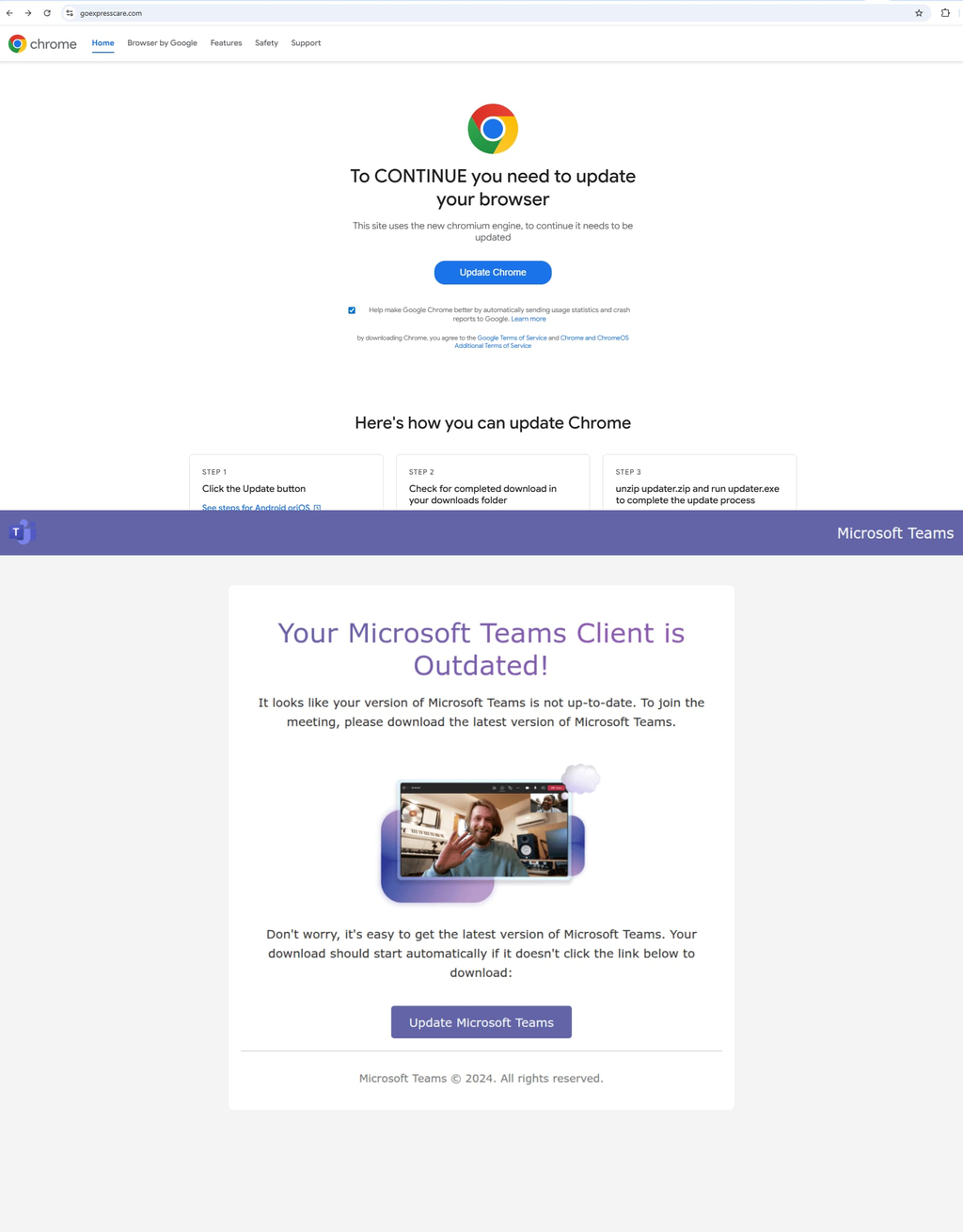 As páginas de atualização do Chrome e do Teams falsas usadas pelos hackers para o phishing, como mostrado por pesquisadores (Imagem: Red Canary)