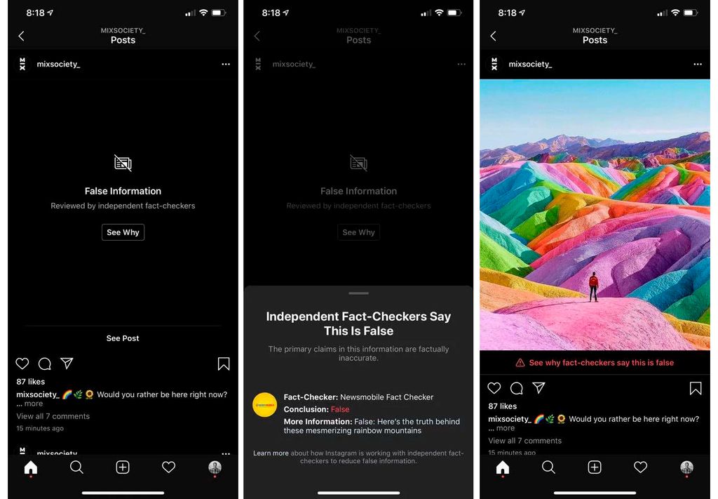 Postagem marcada como falsa no Instagram tem montanhas na cor do arco-íris (Captura de tela via Facebook)