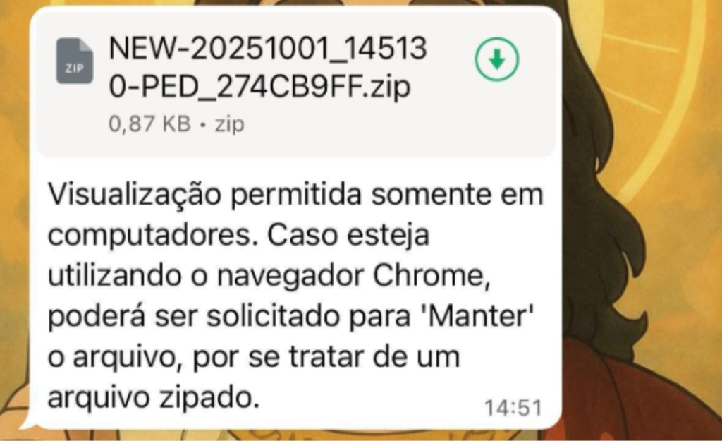 Mensagem de WhatsApp espalhando o vírus por arquivos ZIP, como relatado por alguns usuários nas redes (Imagem: X/dilacer8/Reprodução)