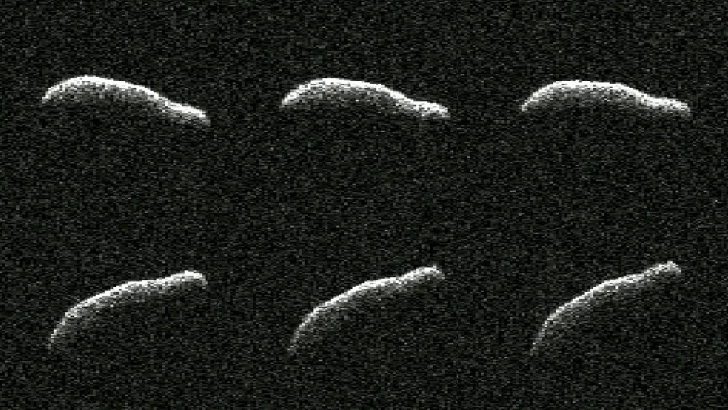 Composição das seis observações do asteroide 2011 AG5, realizadas realizadas pelo radar um dia após a aproximação máxima da rocha (Imagem: Reprodução/NASA/JPL-Caltech)
