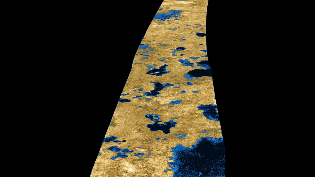Alguns dos lagos líquidos em Titã pelos "olhos" da Cassini (Imagem: Reprodução/NASA/JPL-Caltech/USGS)
