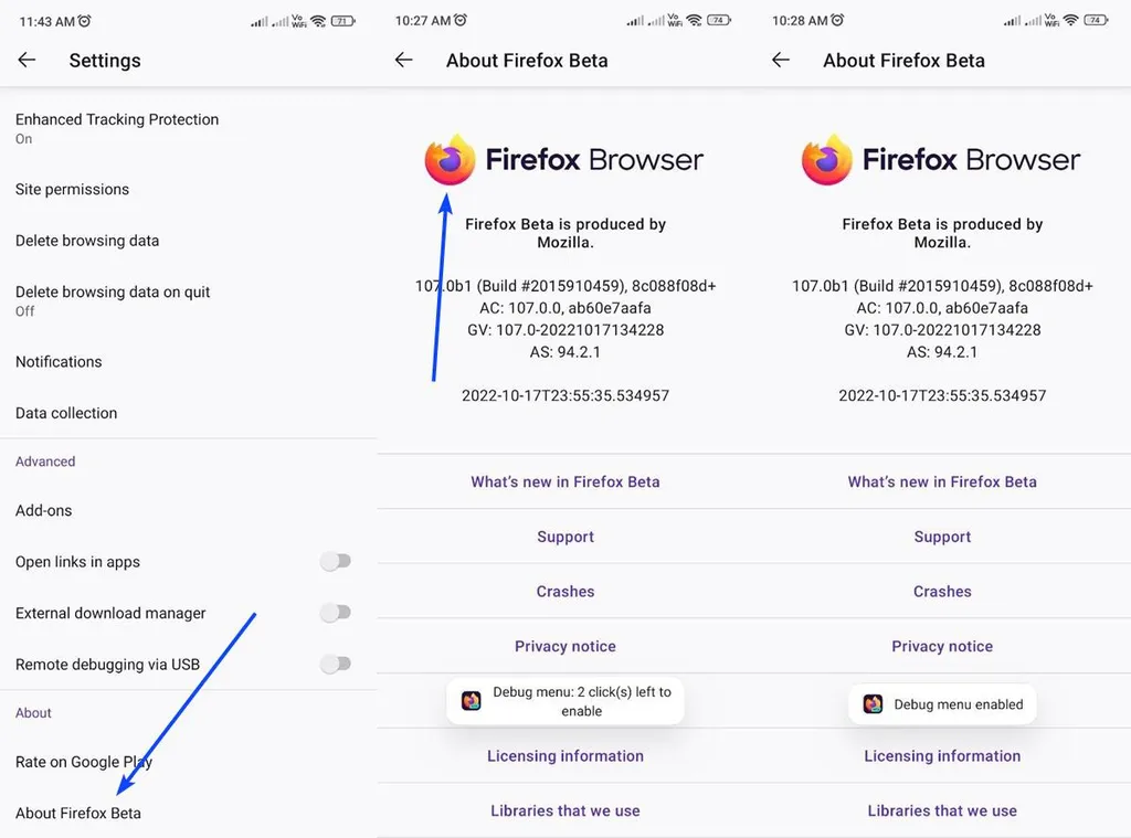 Você precisa habilitar o "Debug Mode" para acessar as opções avançadas do Firefox 107 Beta para Android (Imagem: Reprodução/GHacks)