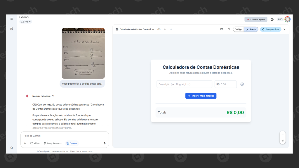 Gemini 2.5 Pro com Canvas ativado gera app simples com apenas um desenho (Imagem: Captura de tela/Bruno De Blasi/Canaltech)