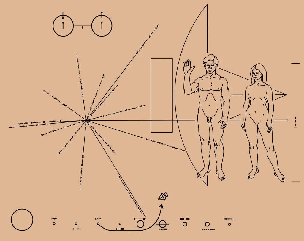 Reprodução da ilustração nas placas inclusas nas sondas Pioneer 10 e 11. (Imagem: NASA)