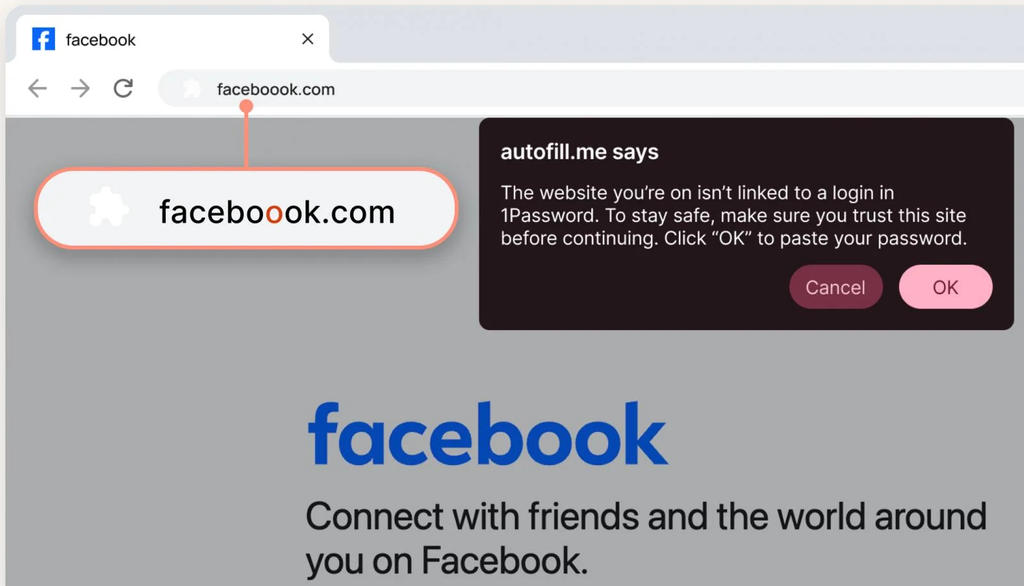 O aviso da 1Password vai informar ao usuário que o site é suspeito: neste caso, é um typosquatting com o Facebook, mas com três 