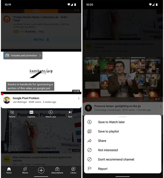 O novo visual escurece o fundo e deixa o vídeo da auto-reprodução em evidência no feed (Imagem: Reprodução/Android Police)