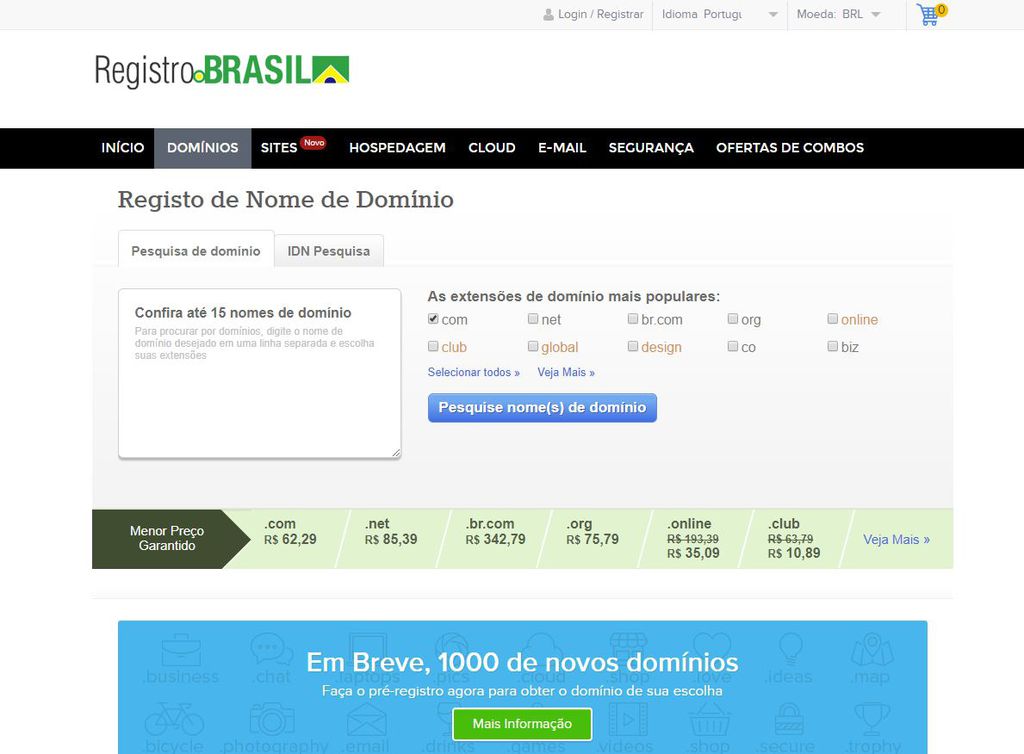 Domínios oferecidos pela Registro Brasil Online: empresa não pode oferecer o domínio ".br"