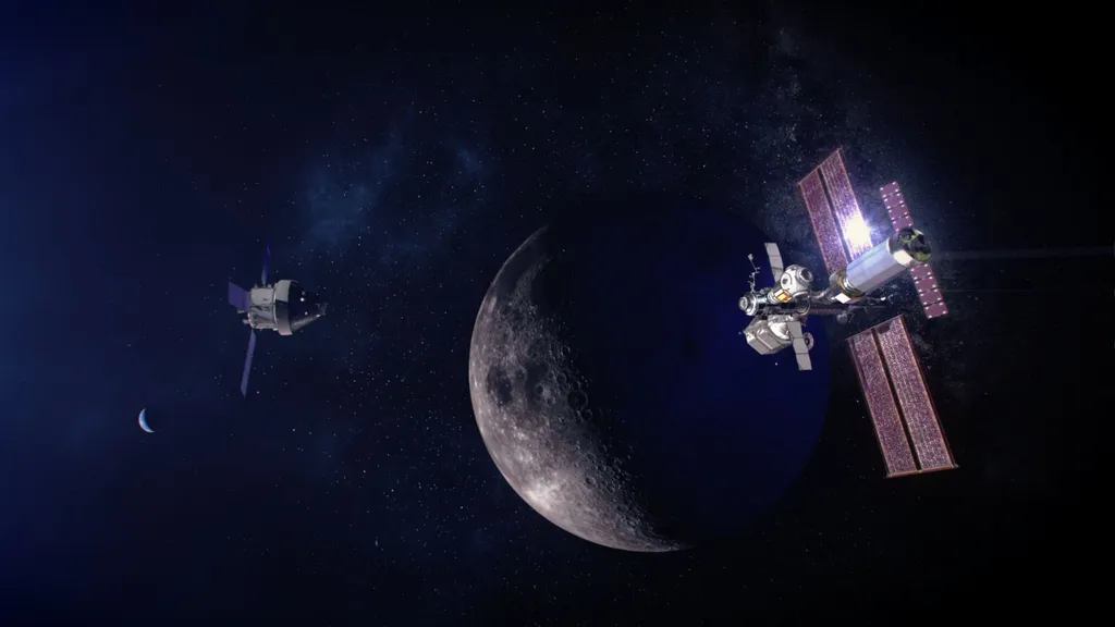 A estação Gateway ficará na órbita lunar, servindo como um ponto de apoio permanente para astronautas (Imagem: Reprodução/NASA)