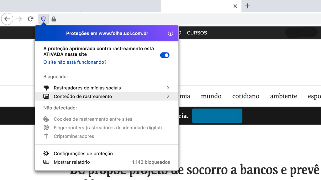 Pop-up com informações sobre a proteção contra rastreamento do Firefox / Captura de tela: Bruno Salutes