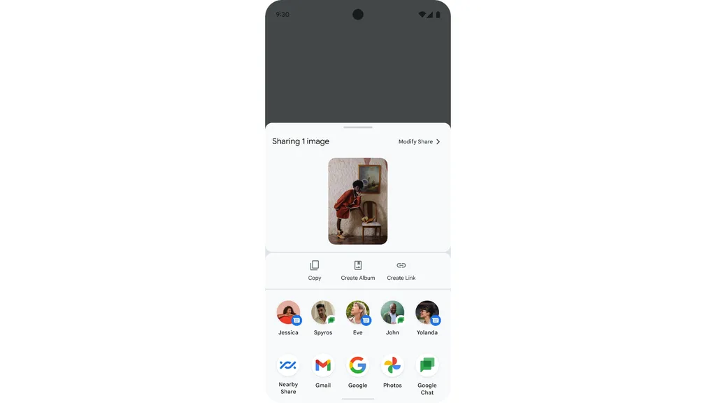 A bandeja de compartilhamento do Android 14 pode ser personalizada pelo app e é mais intuitiva (Imagem: Reprodução/Google)
